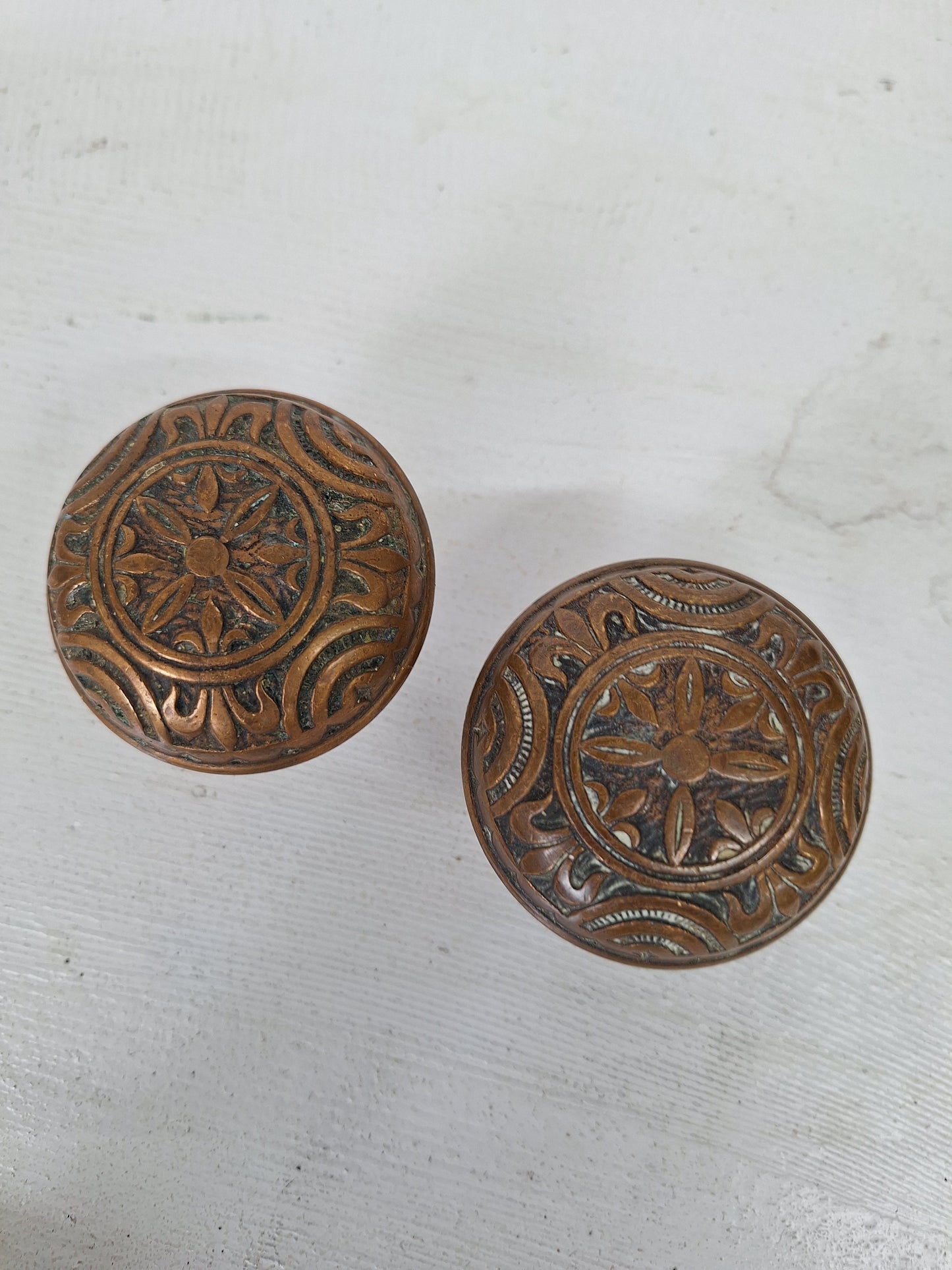 Two Victorian Era Bronze Knobs, Antique 1900s Eastlake Flower Design Fancy Doorknobs 071602