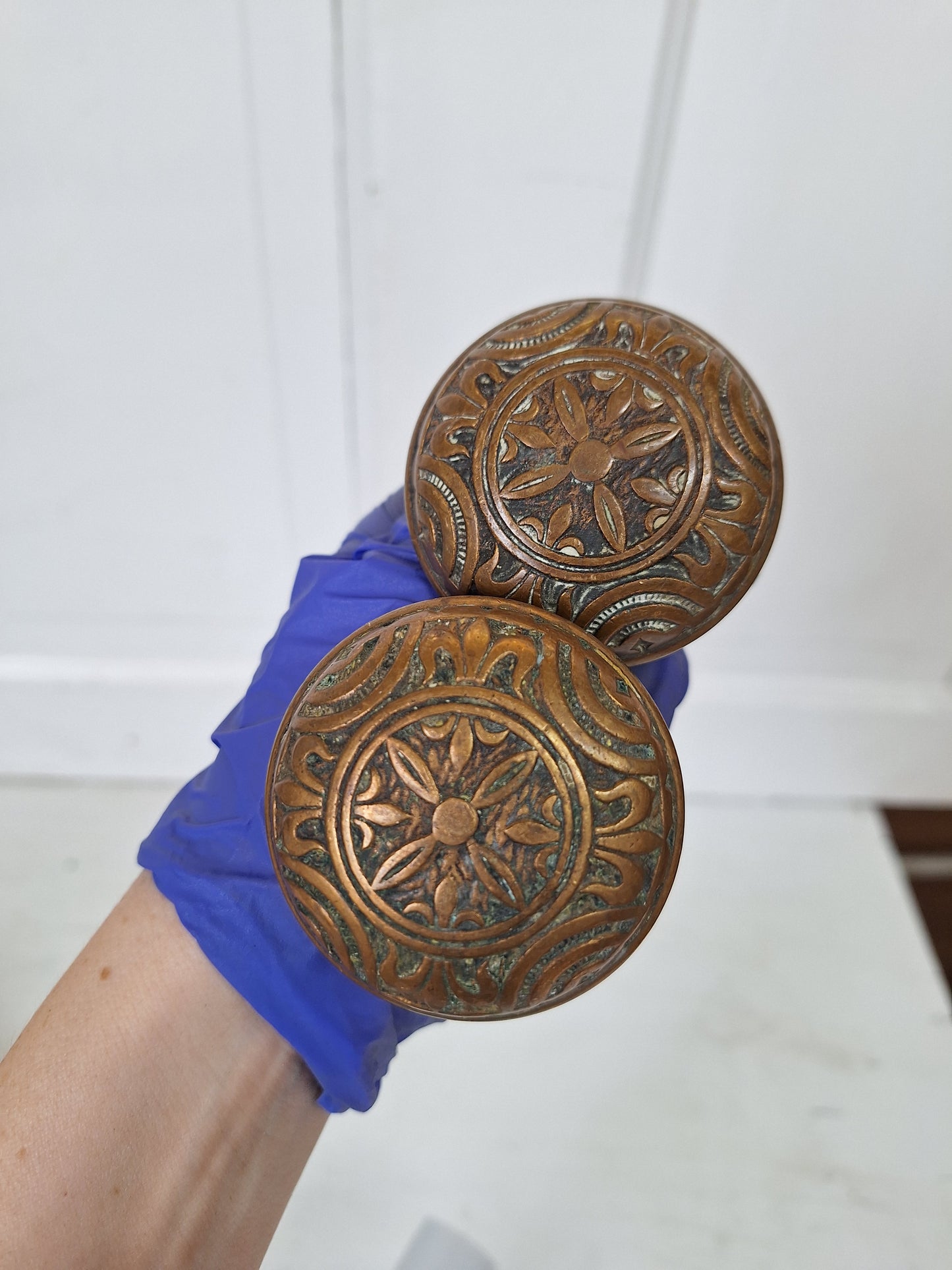 Two Victorian Era Bronze Knobs, Antique 1900s Eastlake Flower Design Fancy Doorknobs 071602