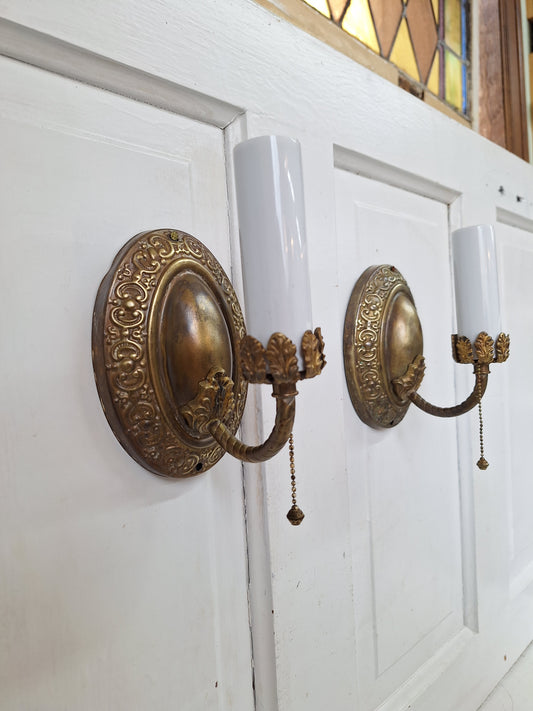 Pair of Vintage Brass Sconces, Two Antique Wall Sconce Lights with Candle Sockets 071603