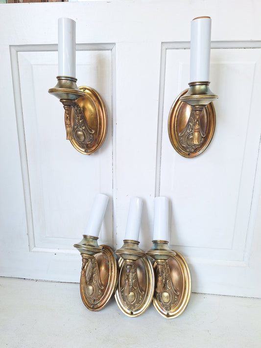 Set of 5 Vintage Brass Sconces, Five Matching Antique Wall Sconce Lights with Candle Sockets, Pair of Vintage Brass Candle Sconces 071801