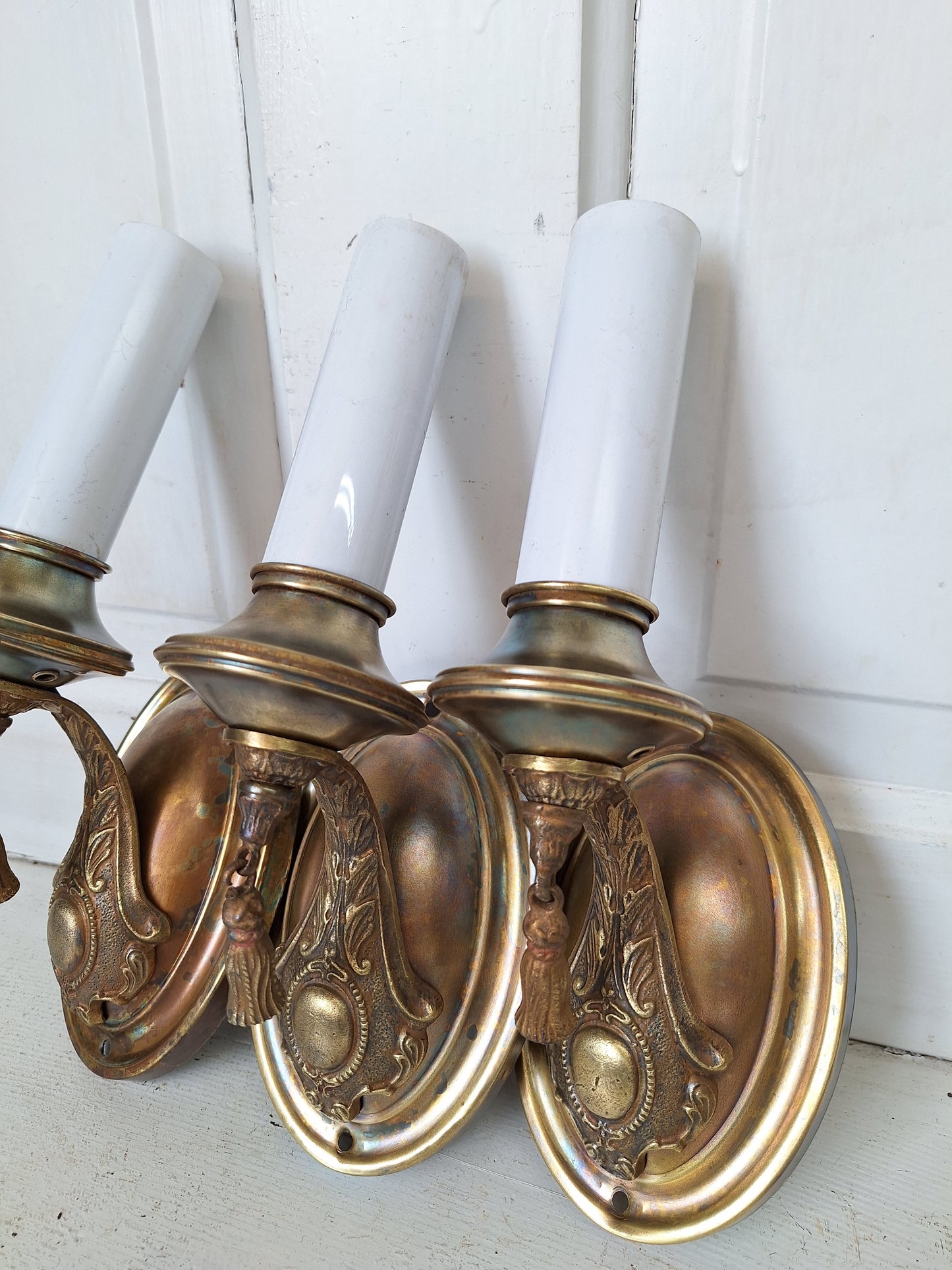 Set of 5 Vintage Brass Sconces, Five Matching Antique Wall Sconce Lights with Candle Sockets, Pair of Vintage Brass Candle Sconces 071801