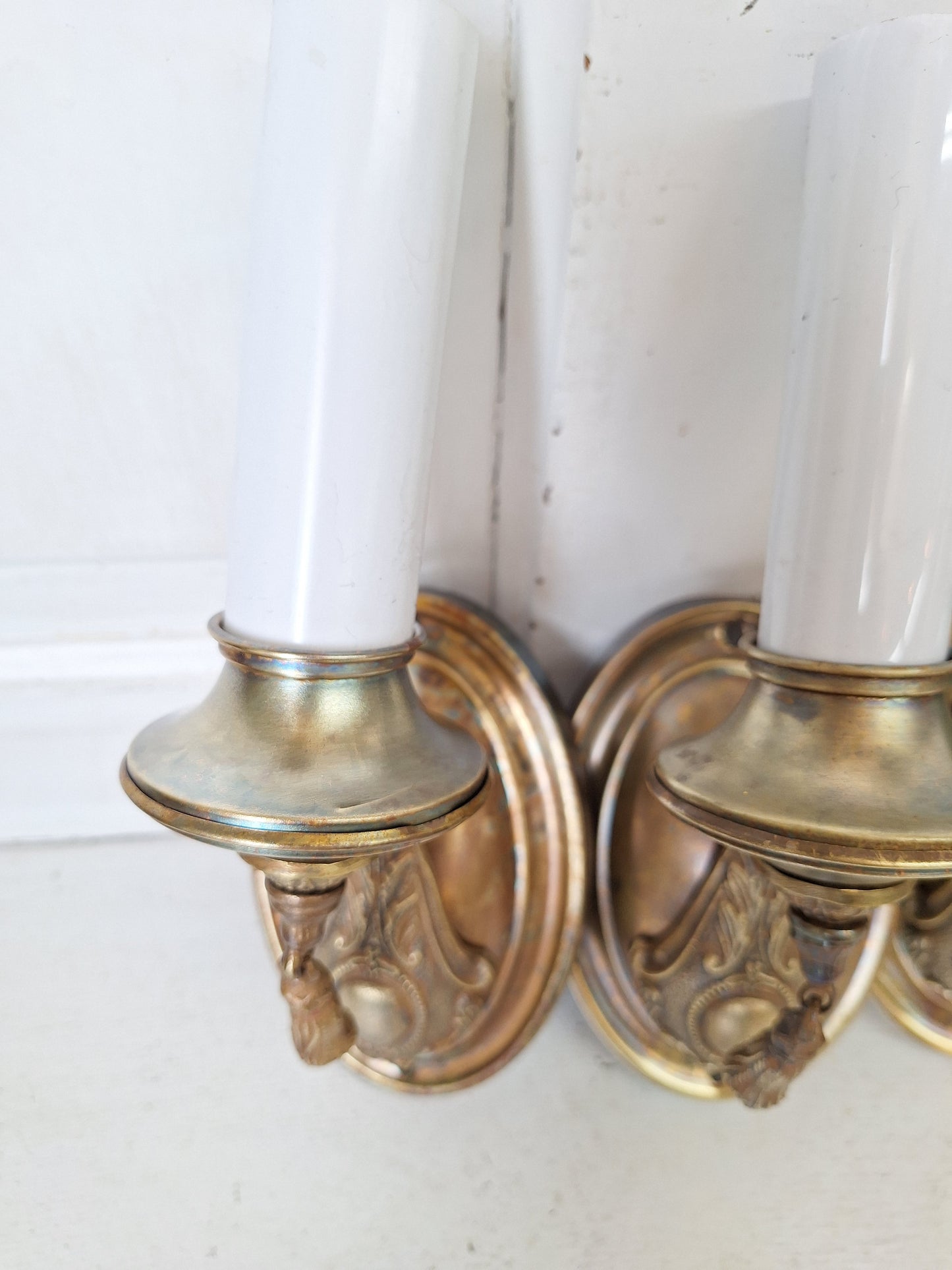 Set of 5 Vintage Brass Sconces, Five Matching Antique Wall Sconce Lights with Candle Sockets, Pair of Vintage Brass Candle Sconces 071801