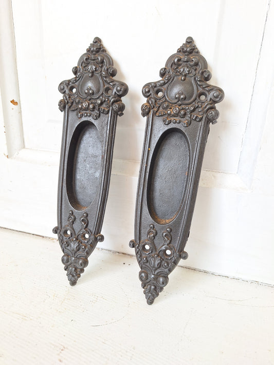 Pair of Cast Iron Antique Pocket Door Pulls, Vintage Wood Recessed Rolling Door Handles 072001