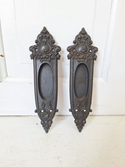 Pair of Cast Iron Antique Pocket Door Pulls, Vintage Wood Recessed Rolling Door Handles 072001