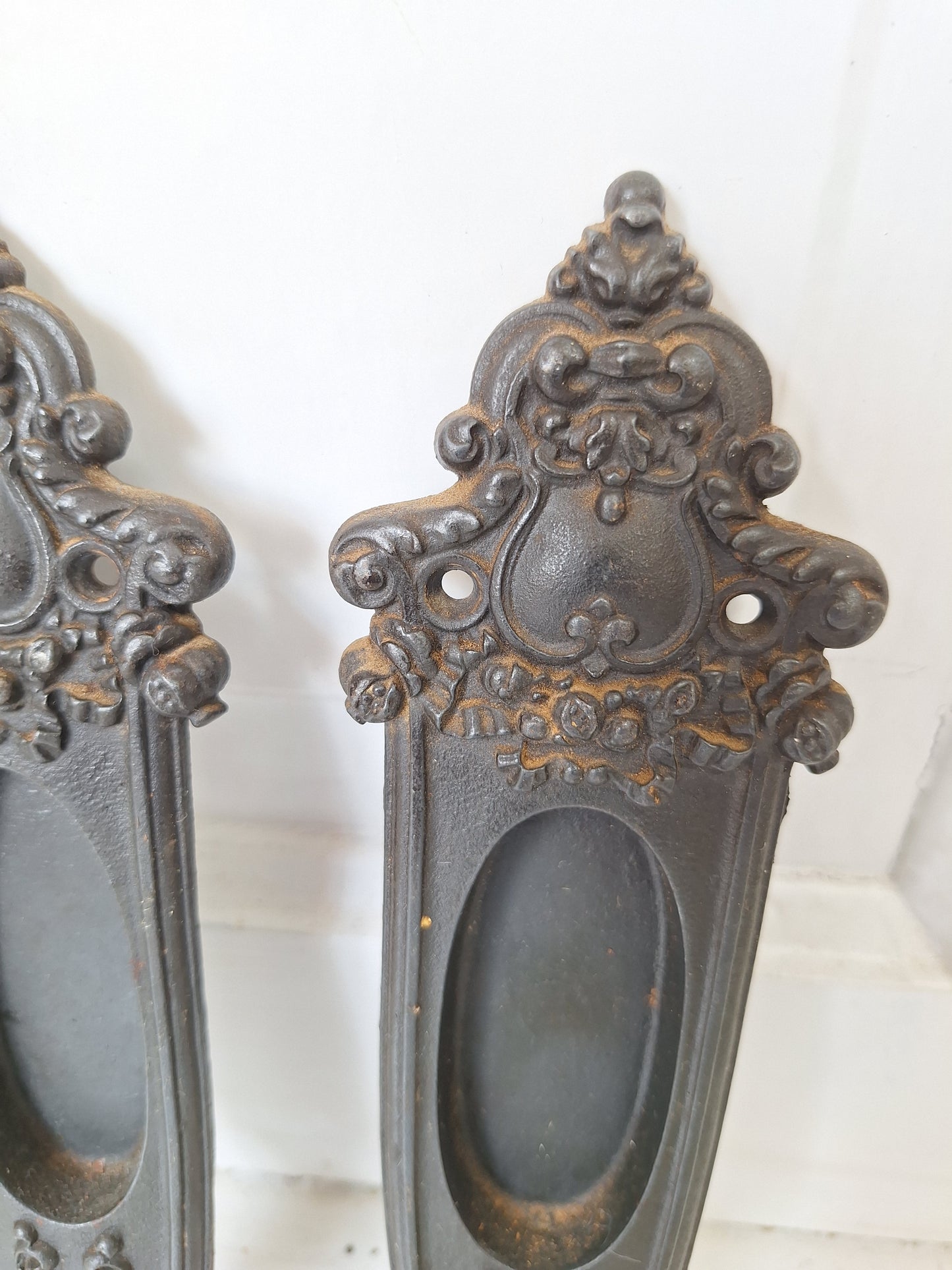 Pair of Cast Iron Antique Pocket Door Pulls, Vintage Wood Recessed Rolling Door Handles 072001