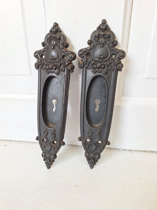 Pair of Cast Iron Antique Pocket Door Pulls, Vintage Wood Recessed Rolling Door Handles 072002