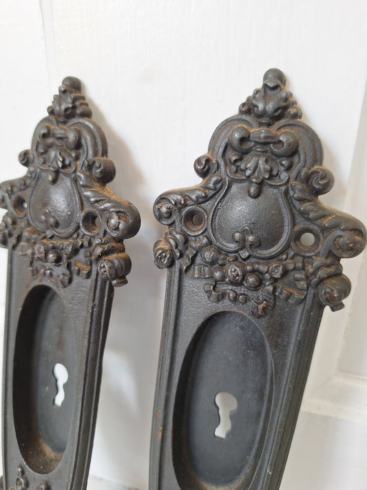 Pair of Cast Iron Antique Pocket Door Pulls, Vintage Wood Recessed Rolling Door Handles 072002