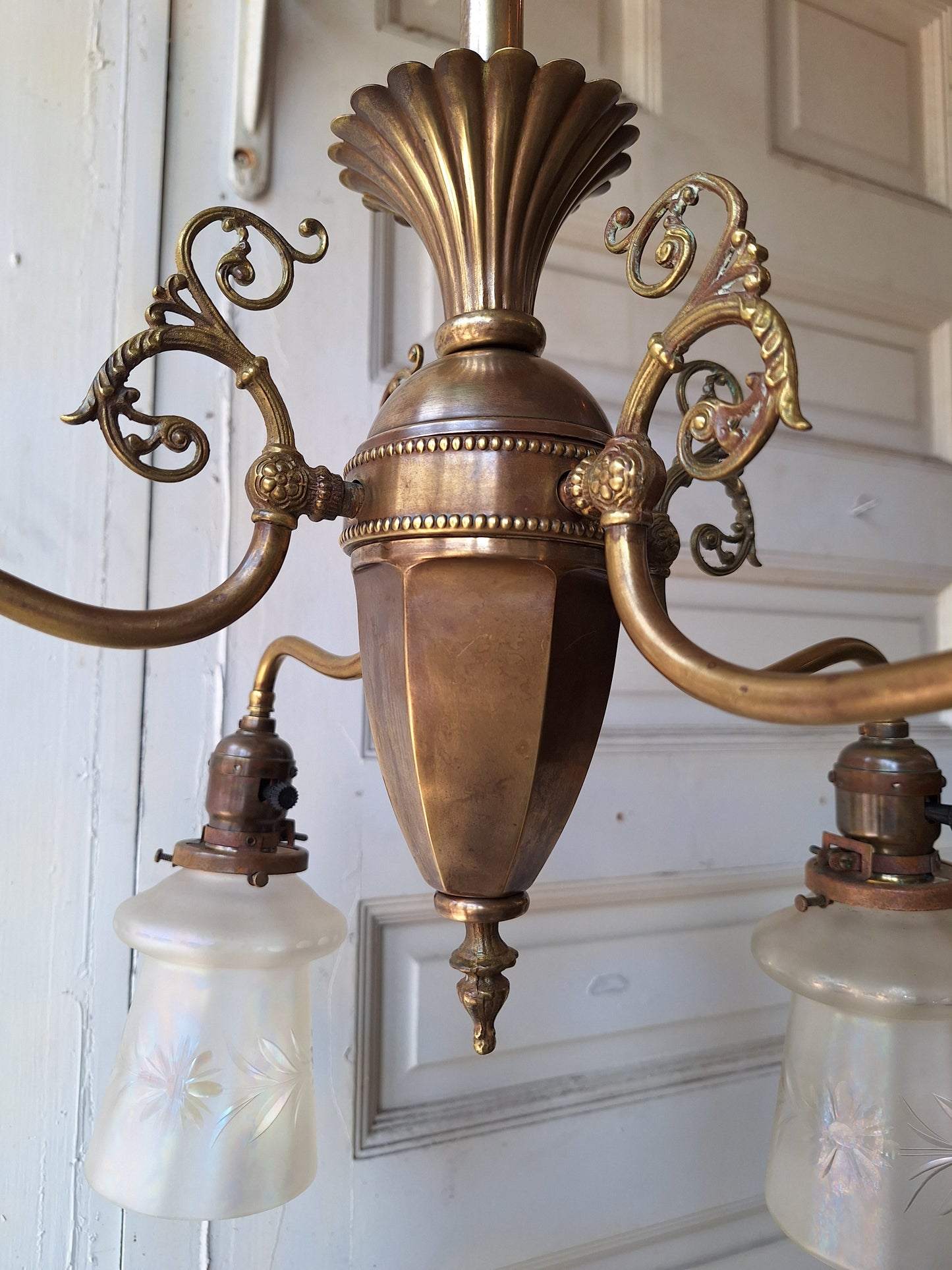 Early Electric Antique Chandelier, Victorian Era Brass Chandelier Light