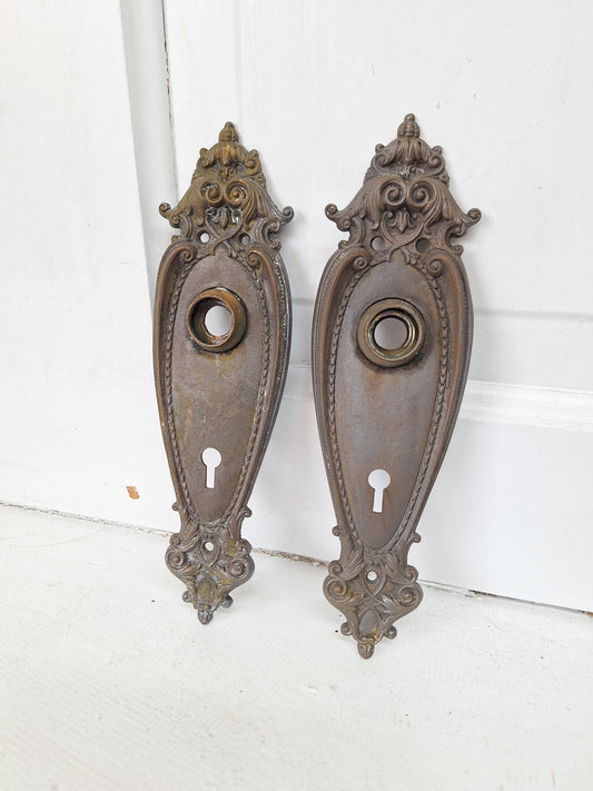 Pair Bronze Door Plates, Floral Pattern Door Plates, Flower Backplates, Bronze Back Plates 080602