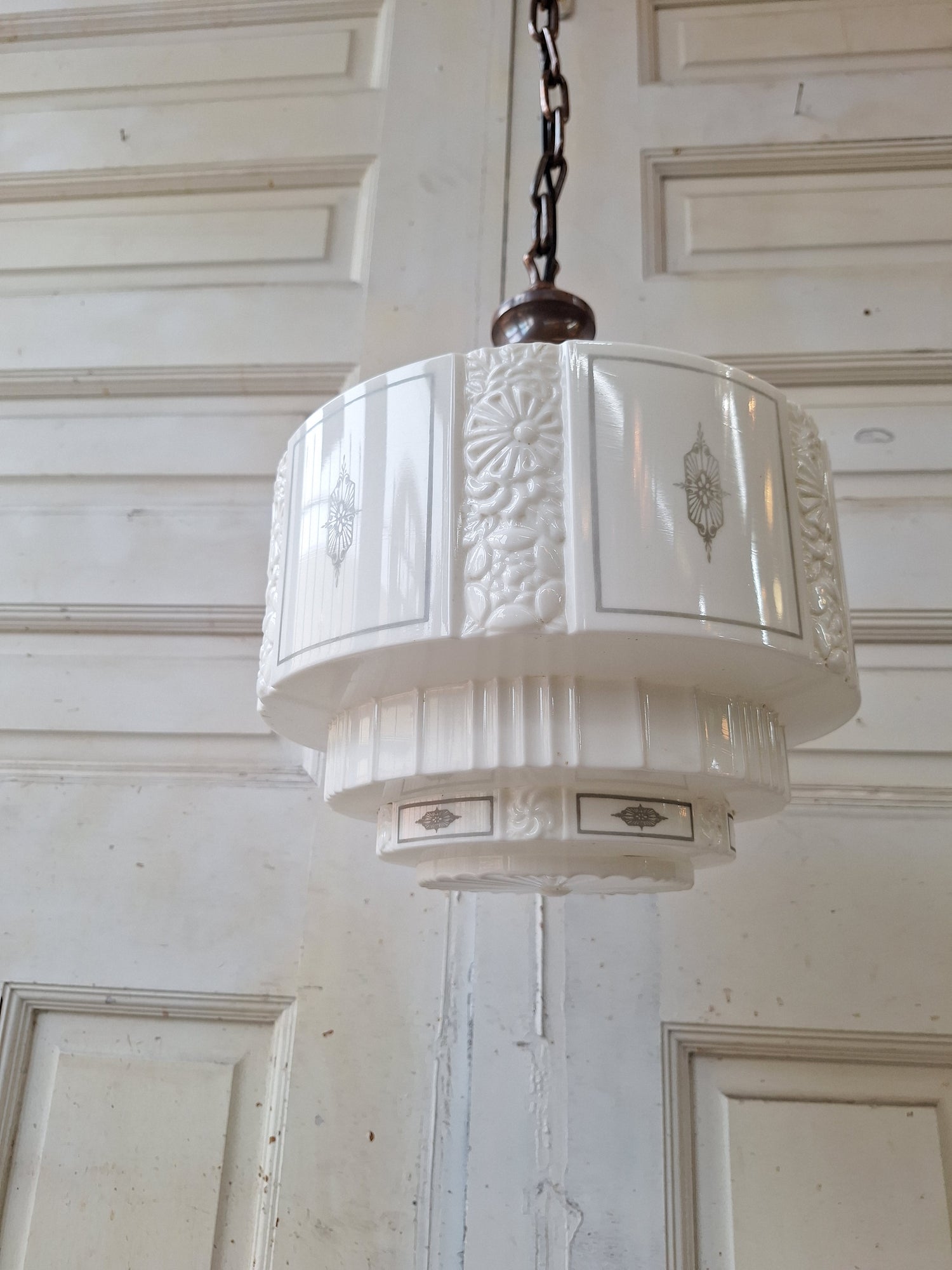 White Glass Stenciled Skyscraper Pendant Light, Antique Wedding Cake A –  Peoria Architectural Salvage