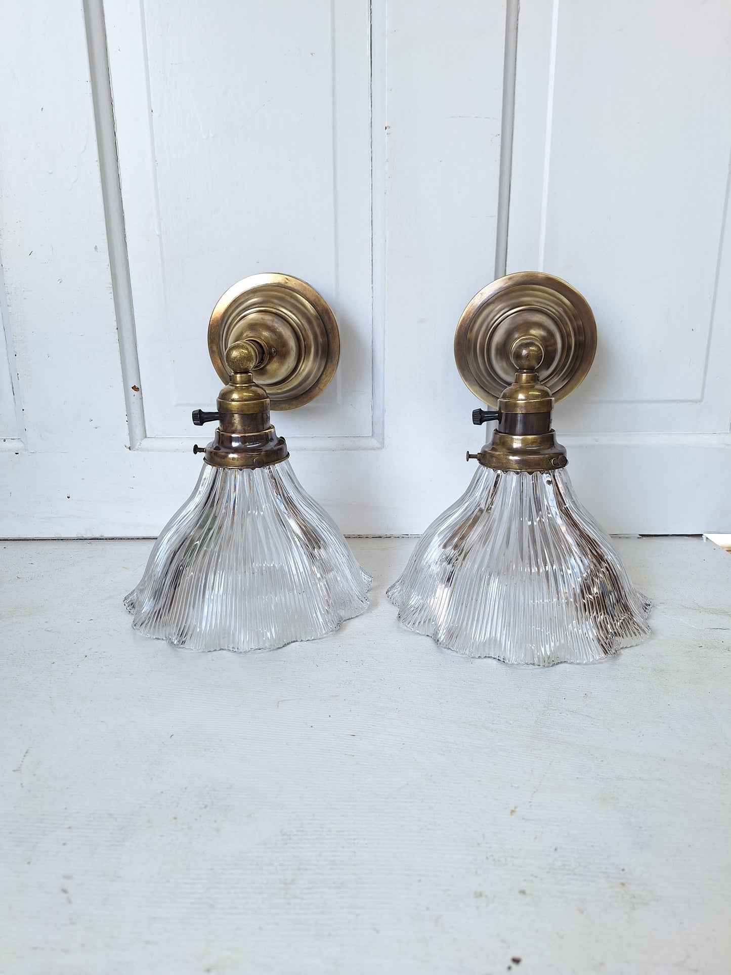 Pair of Brass Sconces with Cut Glass Shades, Holophane Shades, Wall Sconce Lights with Prismatic Shades 080801