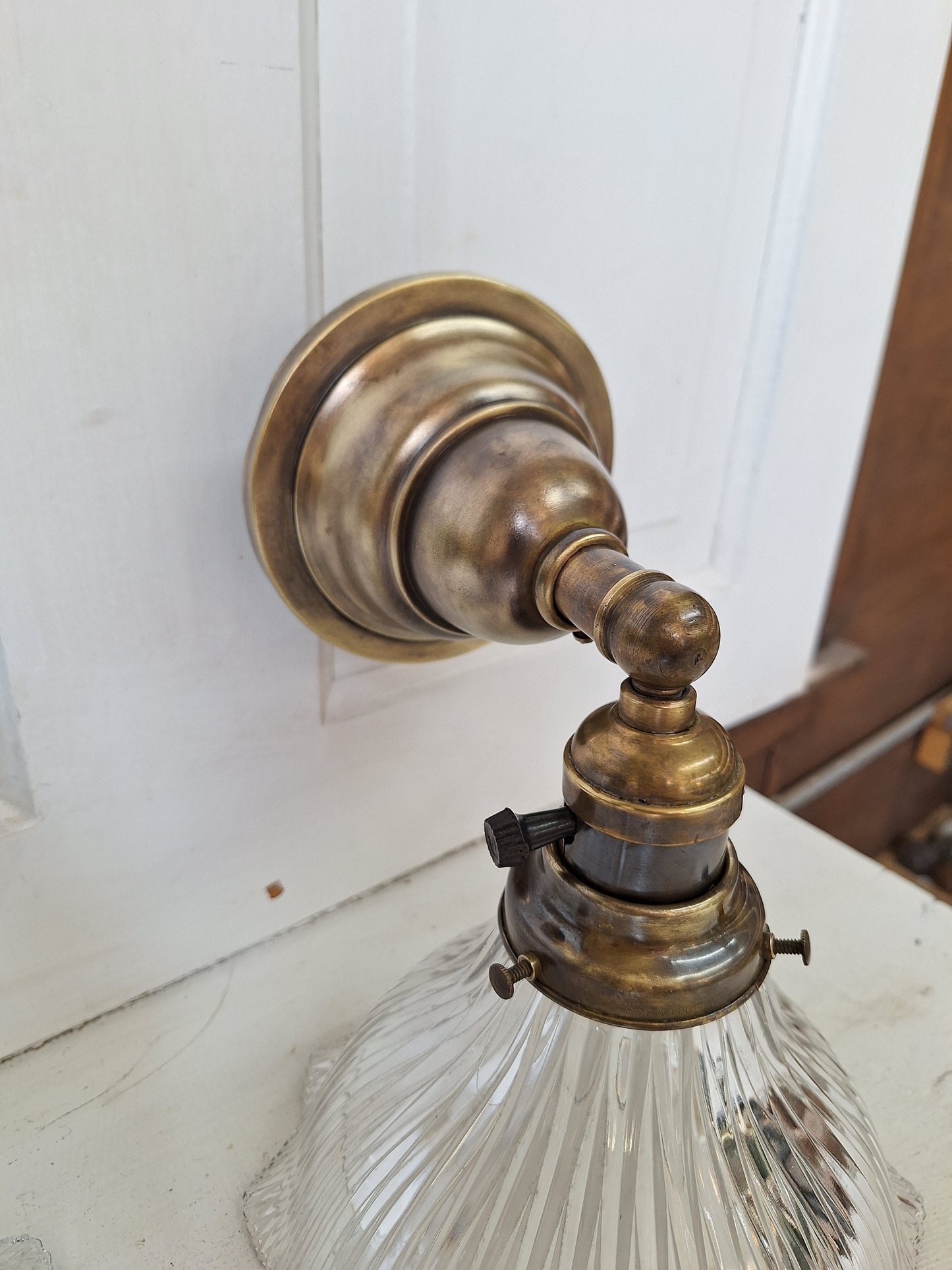 Pair of Brass Sconces with Cut Glass Shades, Holophane Shades, Wall Sconce Lights with Prismatic Shades 080801