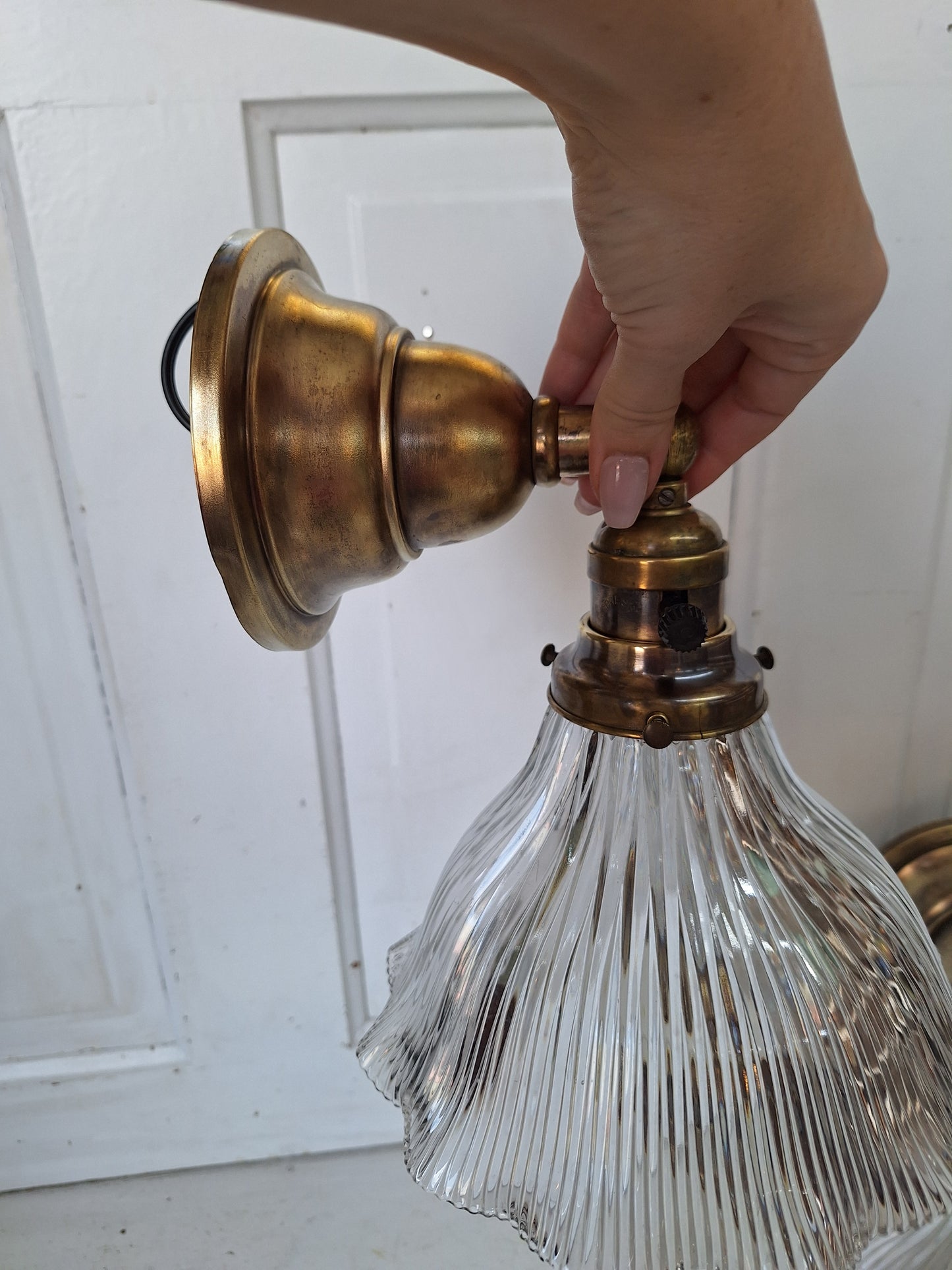 Pair of Brass Sconces with Cut Glass Shades, Holophane Shades, Wall Sconce Lights with Prismatic Shades 080801