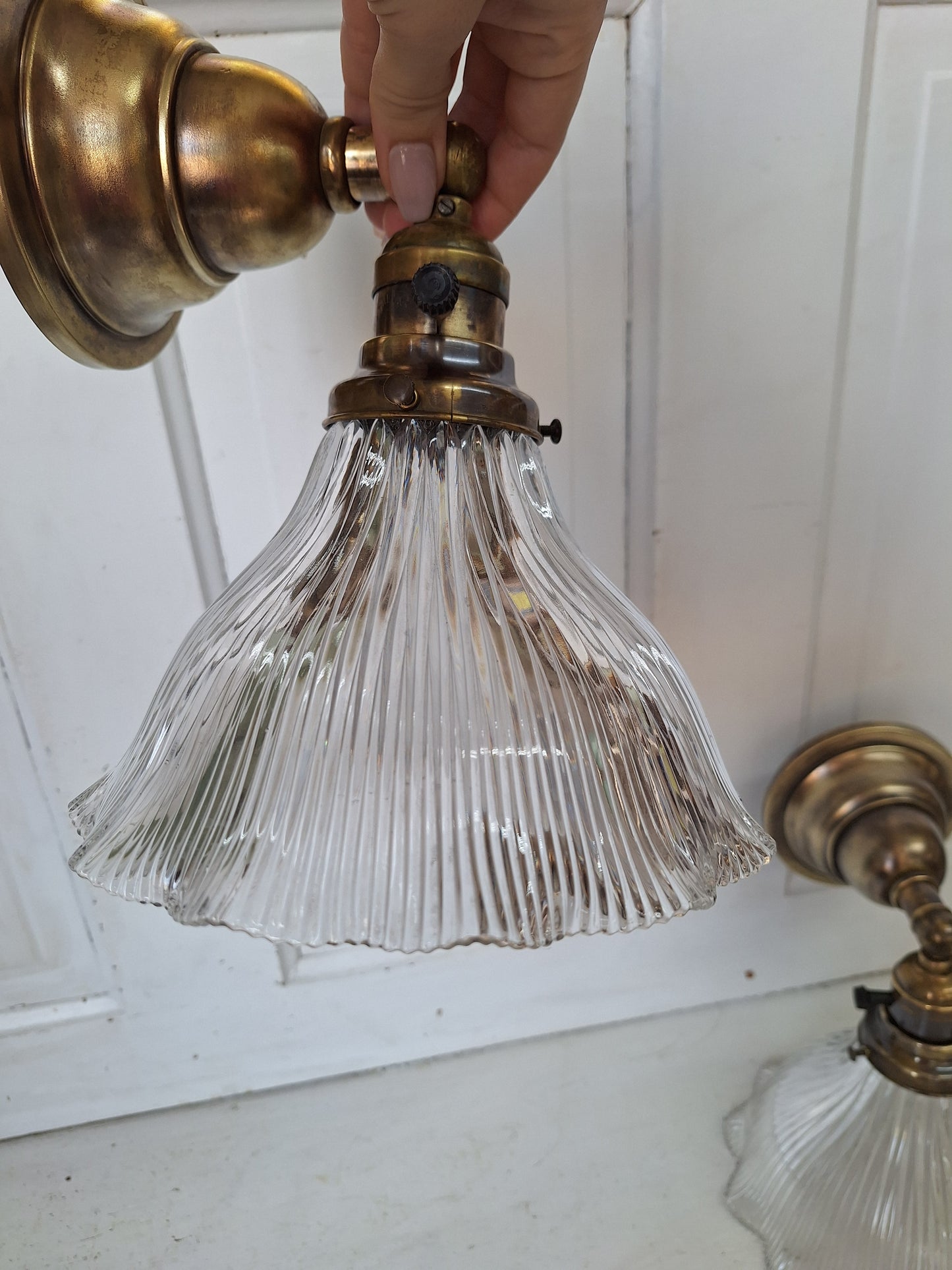 Pair of Brass Sconces with Cut Glass Shades, Holophane Shades, Wall Sconce Lights with Prismatic Shades 080801