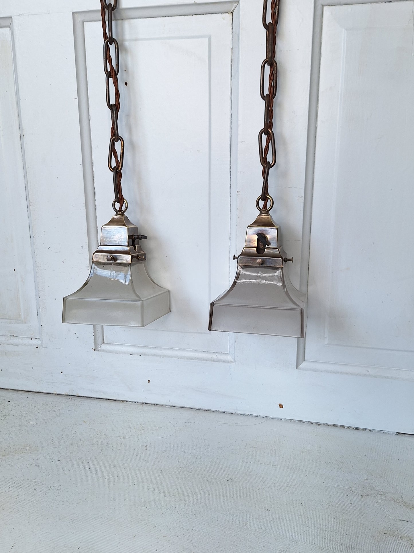 Two Arts and Crafts Antique Lights with Fluted Glass Shade, Brass Vintage Pendant Lights