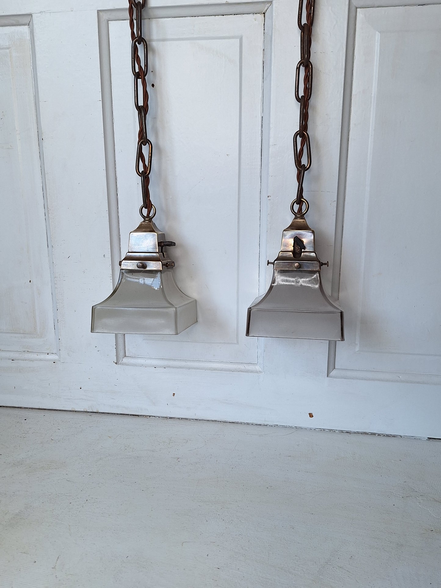 Two Arts and Crafts Antique Lights with Fluted Glass Shade, Brass Vintage Pendant Lights