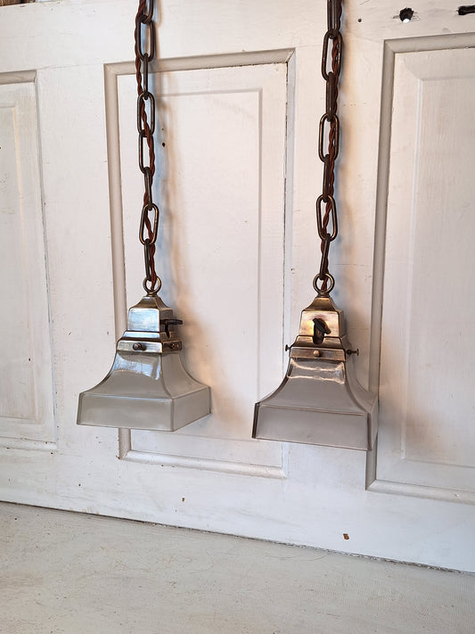 Two Arts and Crafts Antique Lights with Fluted Glass Shade, Brass Vintage Pendant Lights