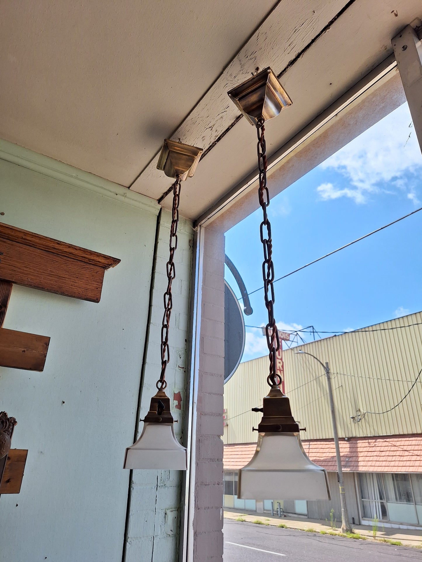 Two Arts and Crafts Antique Lights with Fluted Glass Shade, Brass Vintage Pendant Lights