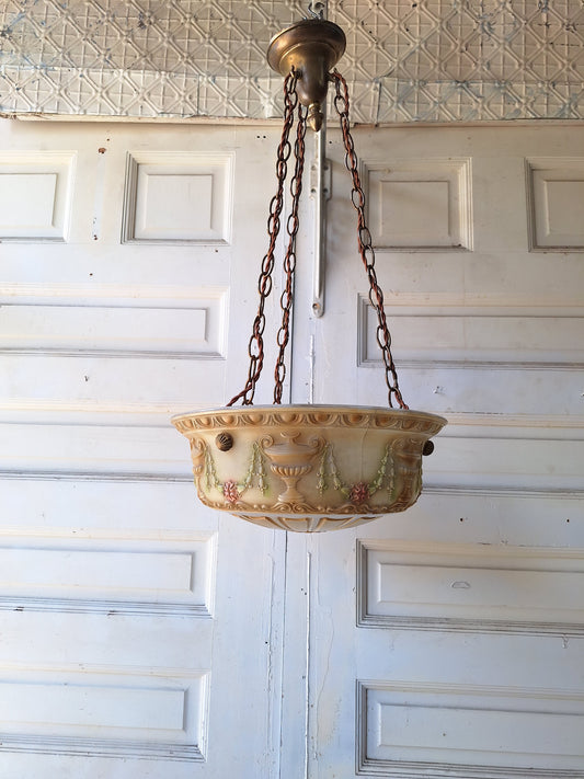 Antique Inverted Dome Chandelier with Molded Glass Bowl, Antique Hanging Glass Bowl Chandelier