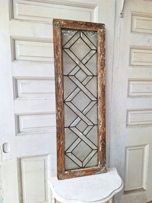 48" Antique Woven Pattern Beveled Glass Transom Window, Victorian Stained Glass Leaded Window