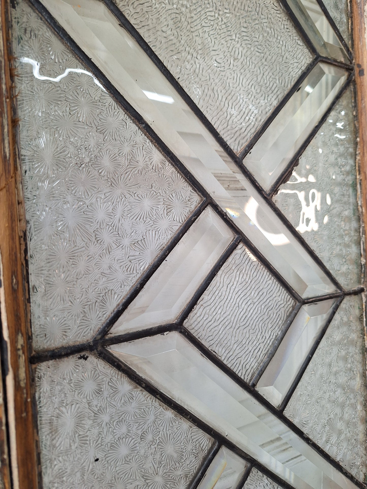 48" Antique Woven Pattern Beveled Glass Transom Window, Victorian Stained Glass Leaded Window