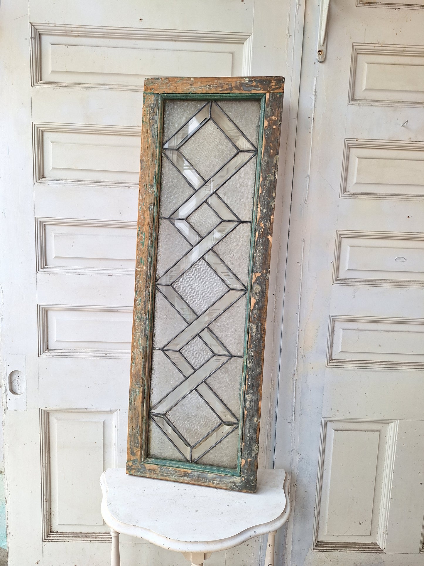 48" Antique Woven Pattern Beveled Glass Transom Window, Victorian Stained Glass Leaded Window