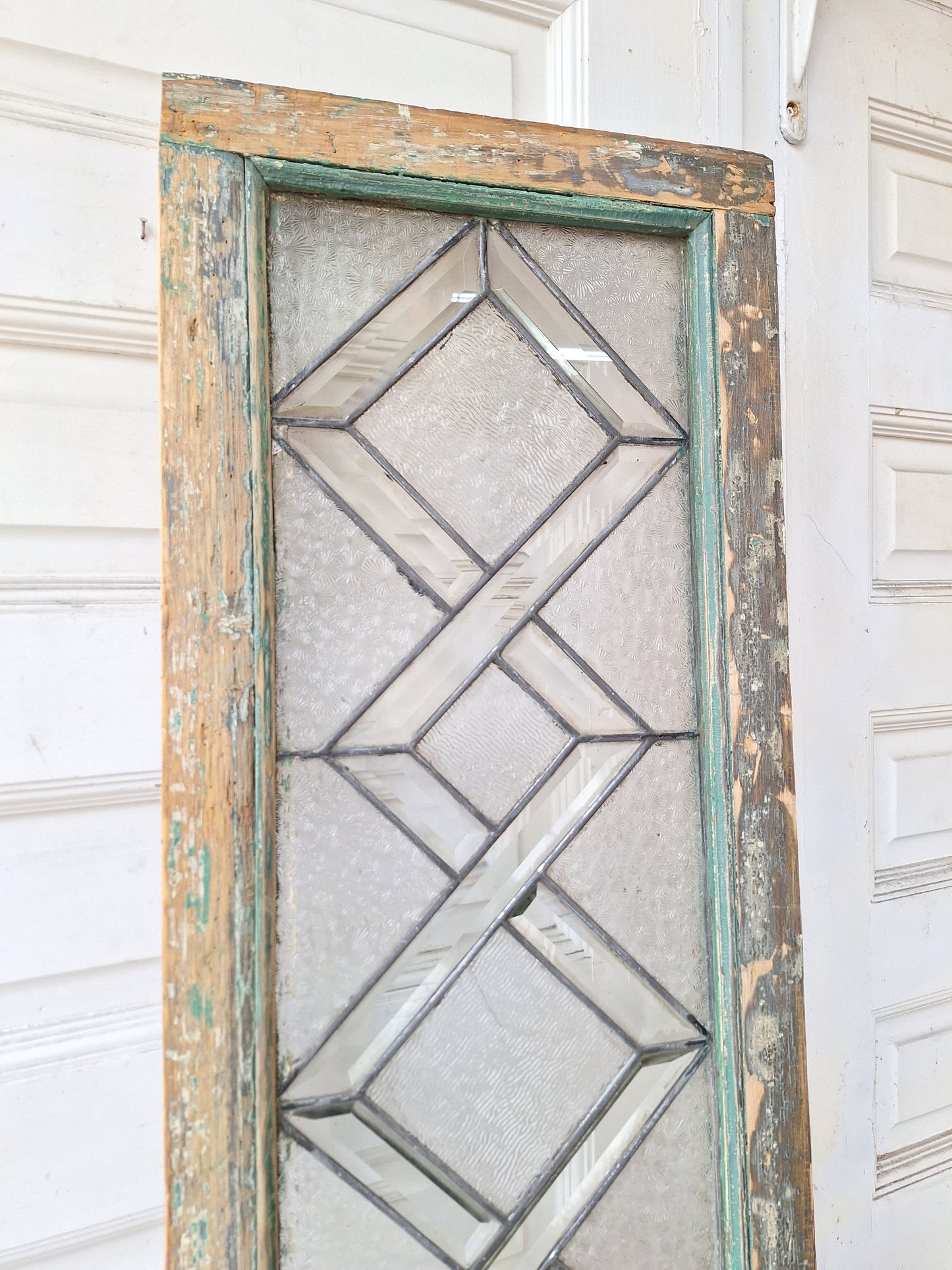 48" Antique Woven Pattern Beveled Glass Transom Window, Victorian Stained Glass Leaded Window