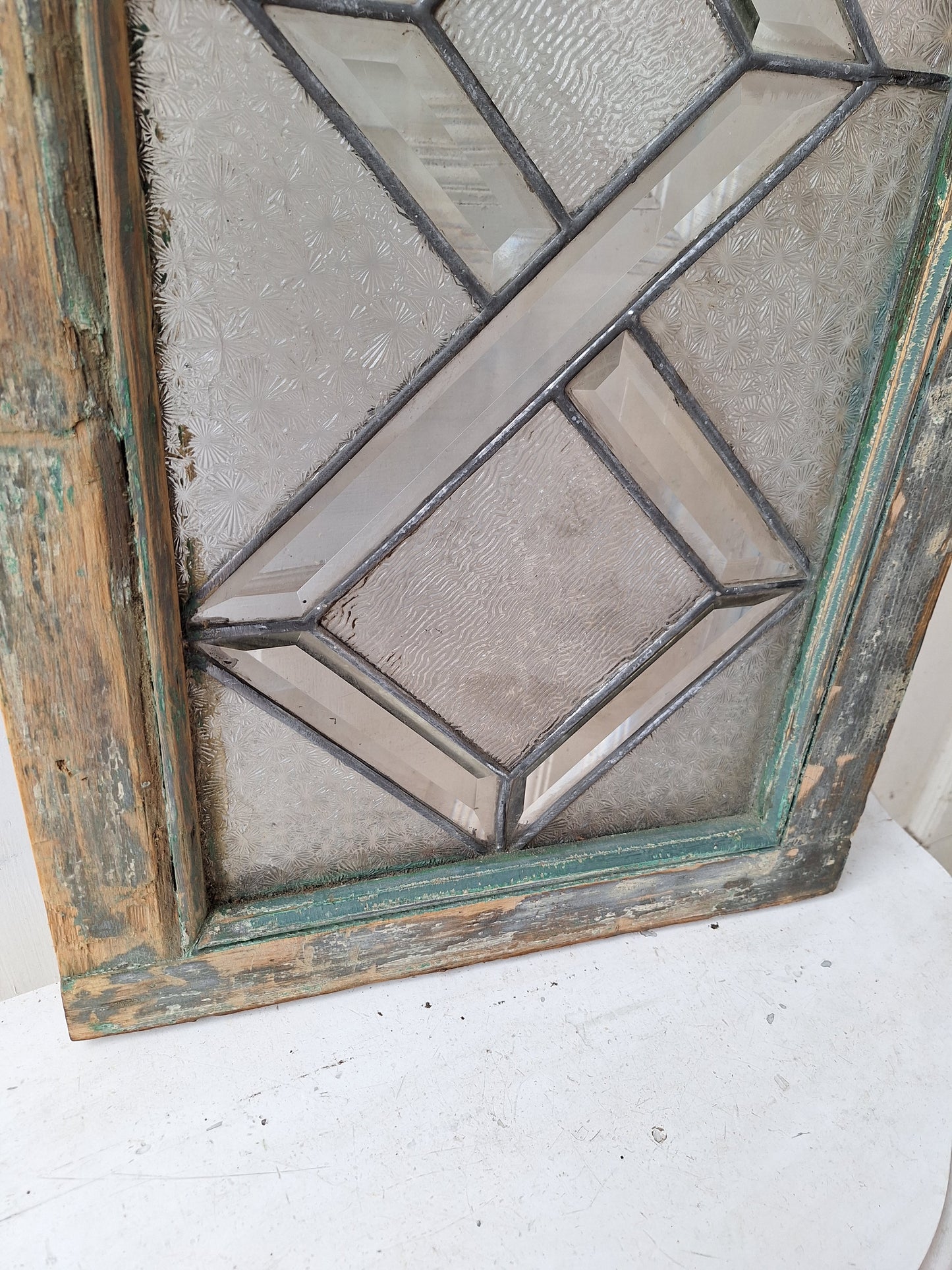 48" Antique Woven Pattern Beveled Glass Transom Window, Victorian Stained Glass Leaded Window