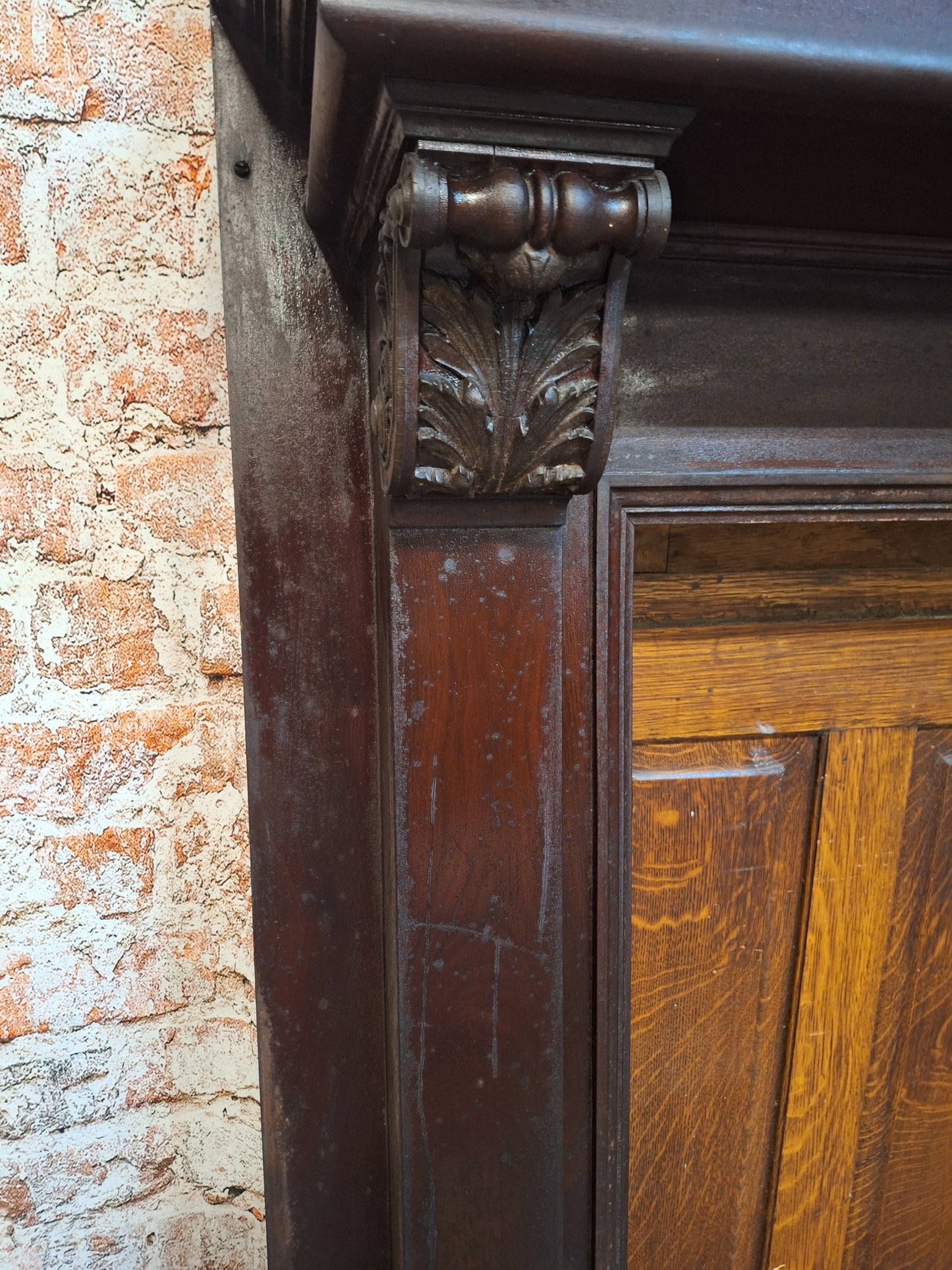 Antique Half Mantle with Carved Accents, Vintage Solid Wood Fireplace Surround