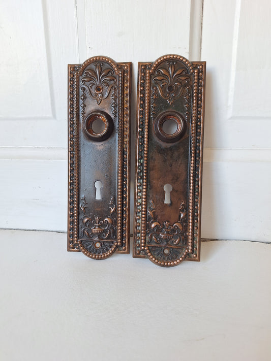 Pair of Antique Backplates, Fancy Door Plates, Door Knob Plates, Antique Escutcheons, Ornate Back Plates, Bronze Backplates 082701