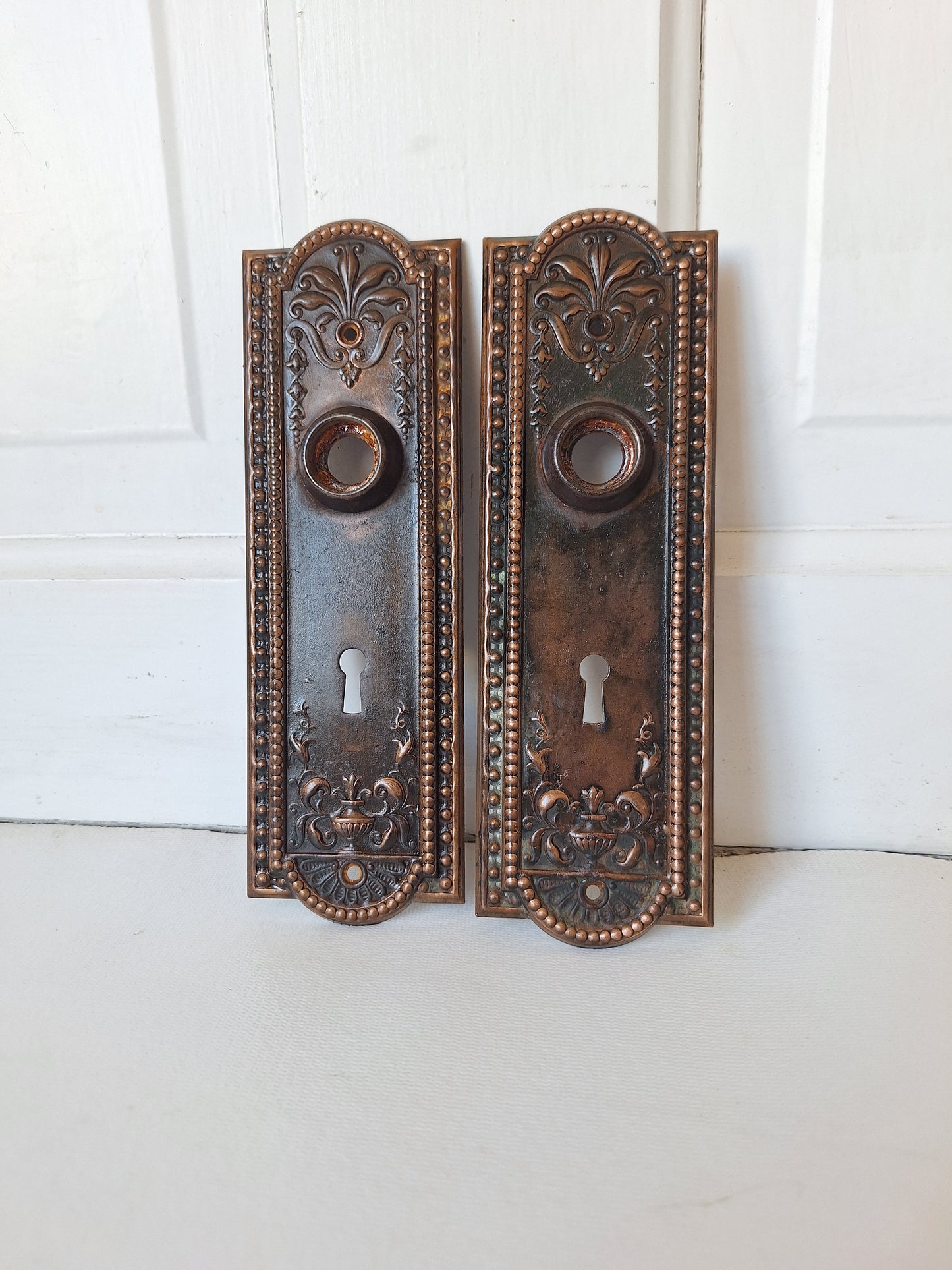 Pair of Antique Backplates, Fancy Door Plates, Door Knob Plates, Antique Escutcheons, Ornate Back Plates, Bronze Backplates 082701