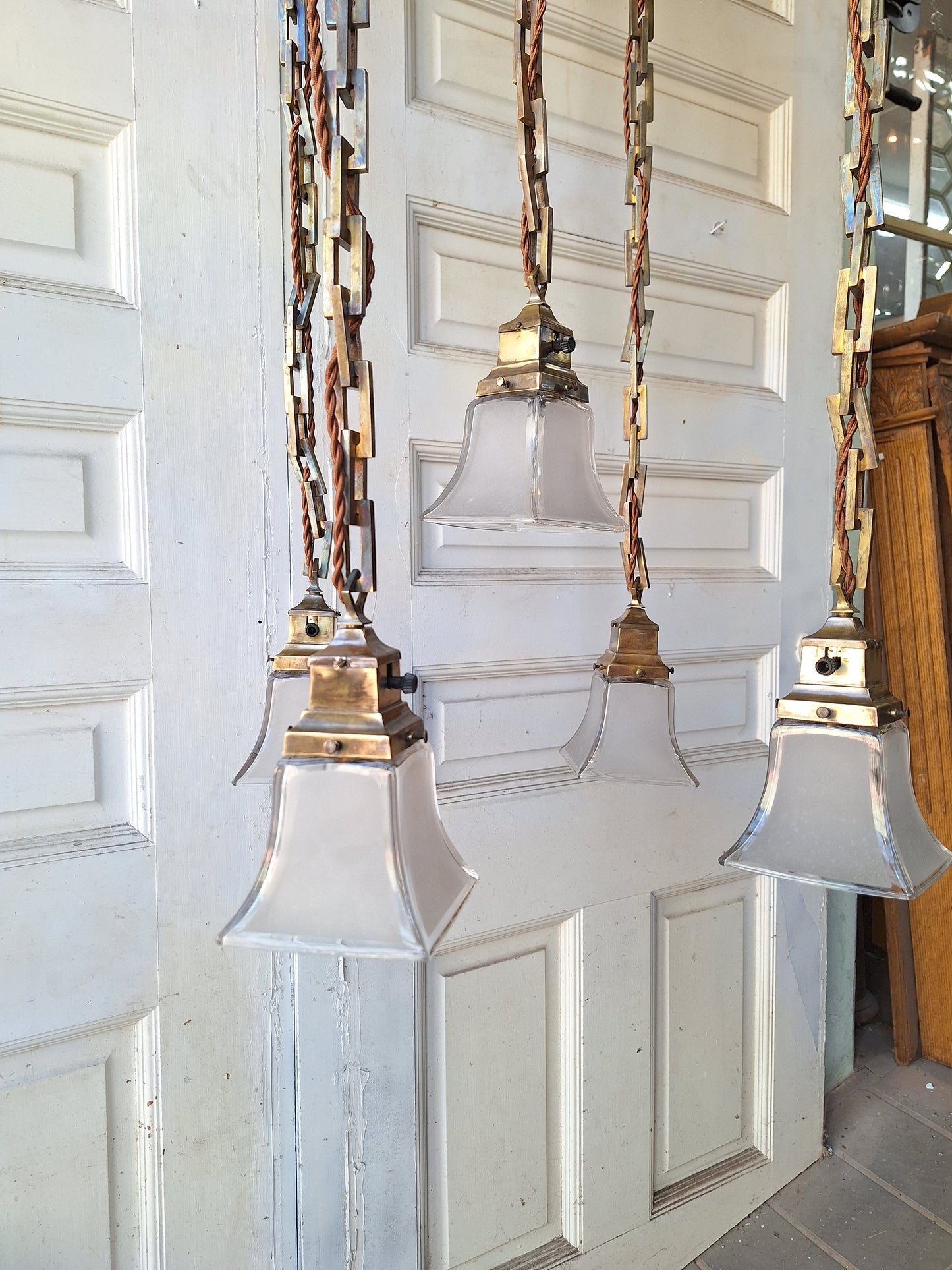 Five Chain Mission Style Chandelier, Antique Bronze Chandelier, Arts and Crafts Light, Arts and Crafts Chandelier, Square Glass Shades