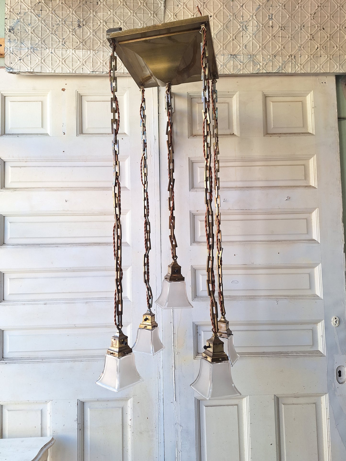 Five Chain Mission Style Chandelier, Antique Bronze Chandelier, Arts and Crafts Light, Arts and Crafts Chandelier, Square Glass Shades