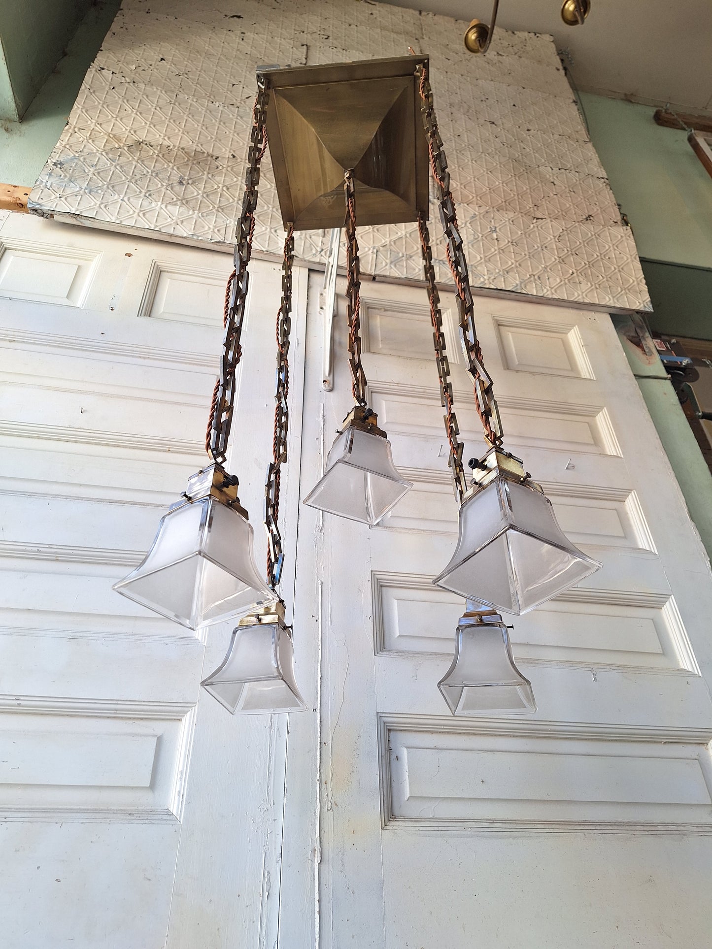 Five Chain Mission Style Chandelier, Antique Bronze Chandelier, Arts and Crafts Light, Arts and Crafts Chandelier, Square Glass Shades