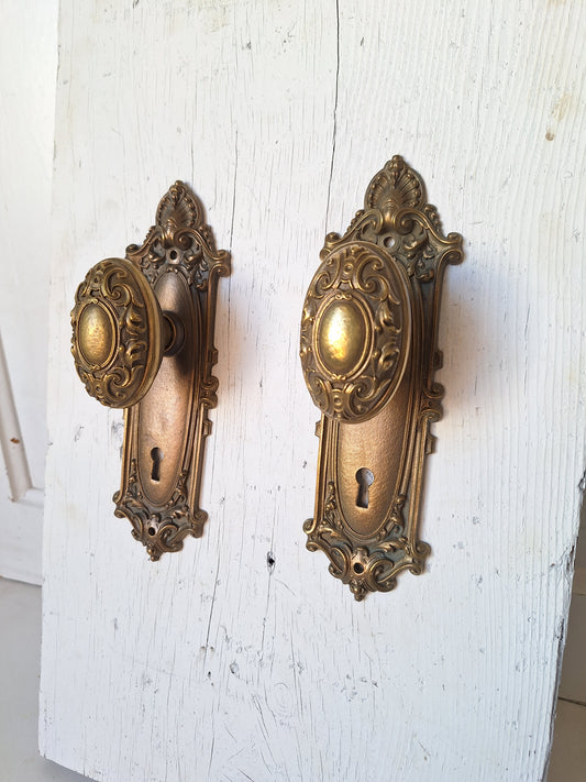 Solid Bronze Door Hardware Yale and Towne Antique Door Hardware, Antique Bronze Doorknobs and Backplates, Victorian Era 090506