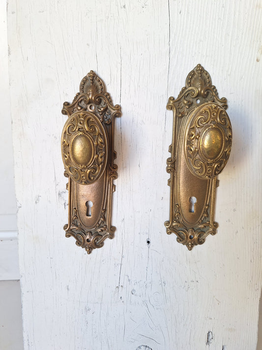 Solid Bronze Door Hardware Yale and Towne Antique Door Hardware, Antique Bronze Doorknobs and Backplates, Victorian Era 090506