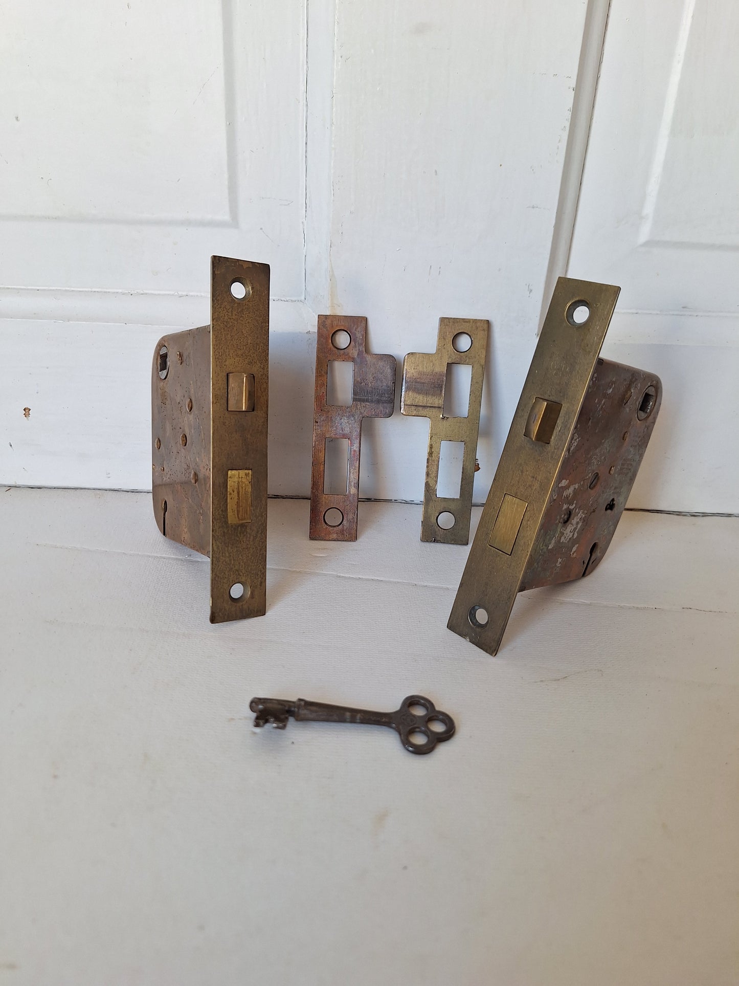 Two Antique Mortise Locks with Skeleton Key, Antique Keyed Door Lock, Antique Door Card with Working Key, Architecture Salvage 090508