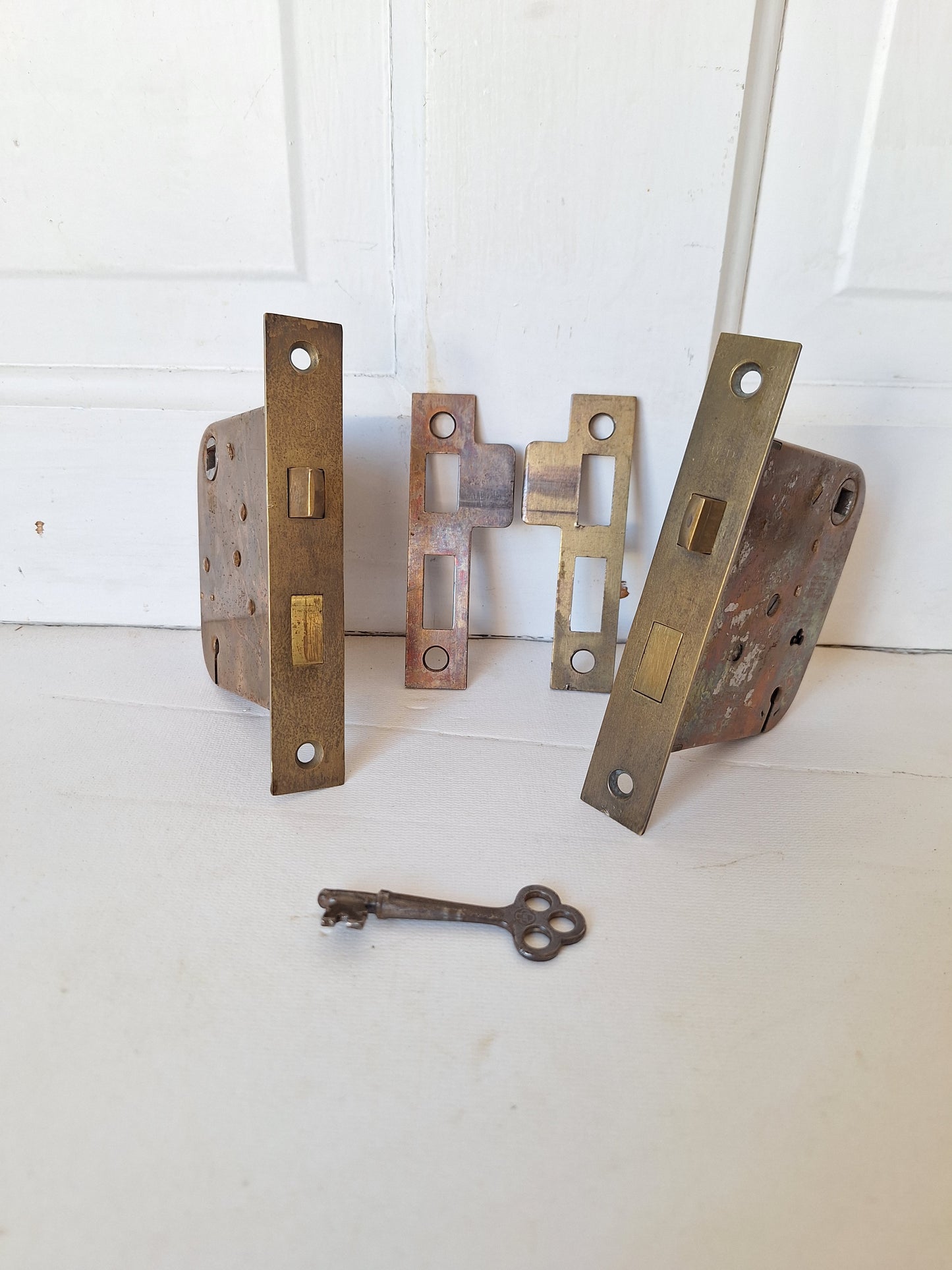 Two Antique Mortise Locks with Skeleton Key, Antique Keyed Door Lock, Antique Door Card with Working Key, Architecture Salvage 090508