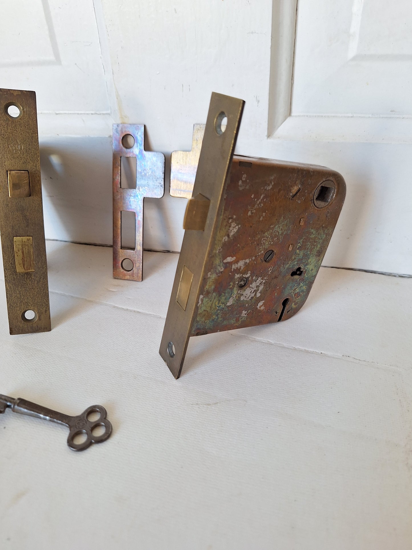 Two Antique Mortise Locks with Skeleton Key, Antique Keyed Door Lock, Antique Door Card with Working Key, Architecture Salvage 090508