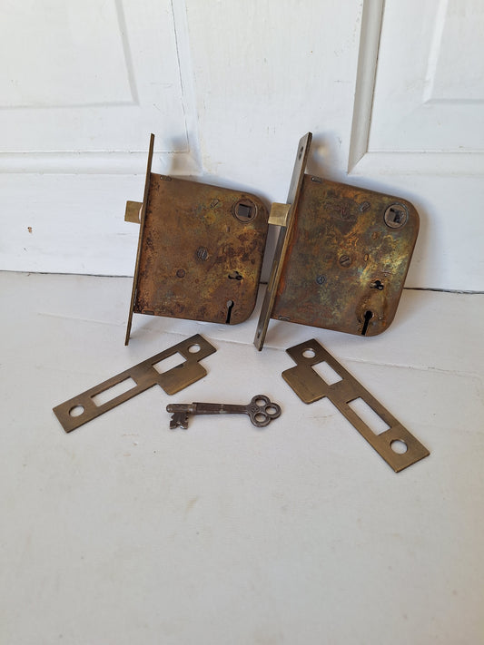 Two Antique Mortise Locks with Skeleton Key, Antique Keyed Door Lock, Antique Door Card with Working Key, Architecture Salvage 090509