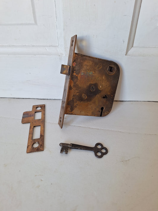 Antique Mortise Lock with Skeleton Key, Antique Keyed Door Lock, Antique Door Card with Working Key, Architecture Salvage 090510