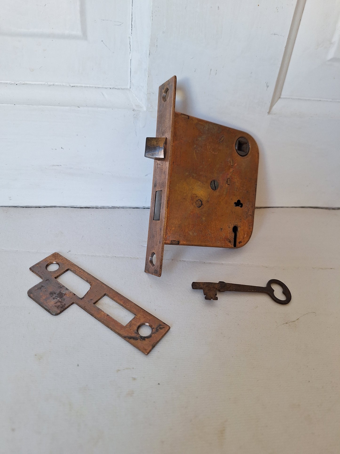 Antique Mortise Lock with Skeleton Key, Antique Keyed Door Lock, Antique Door Card with Working Key, Architecture Salvage 090511