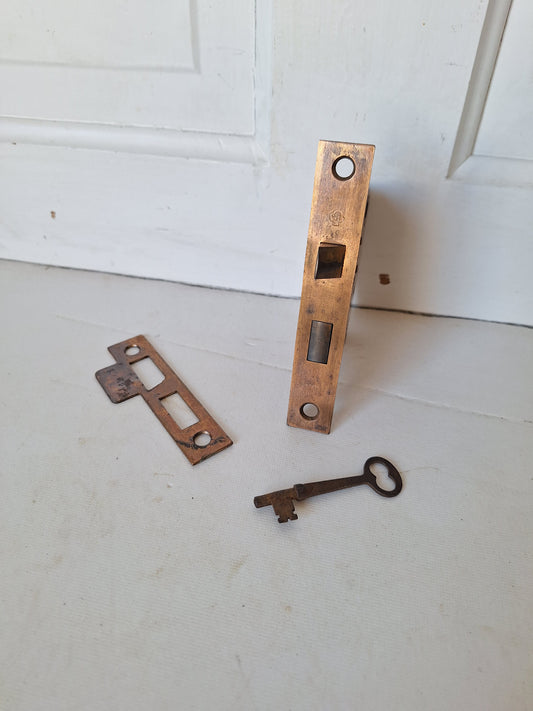 Antique Mortise Lock with Skeleton Key, Antique Keyed Door Lock, Antique Door Card with Working Key, Architecture Salvage 090511