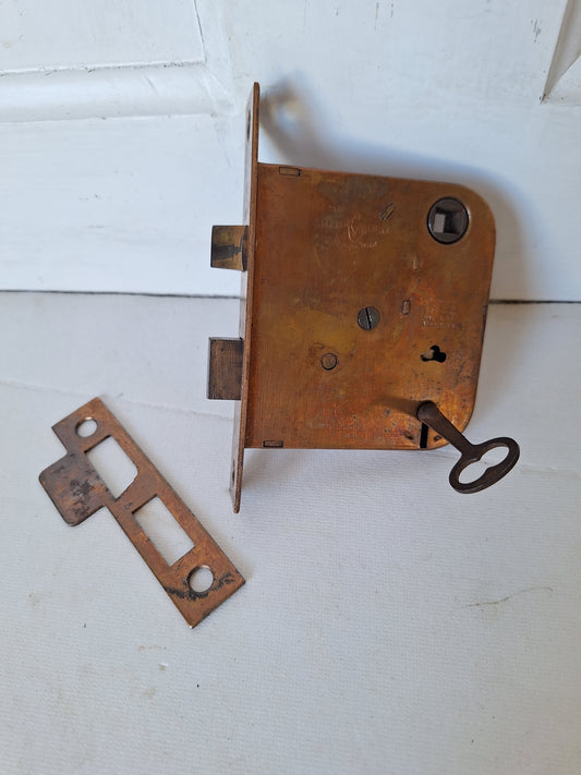 Antique Mortise Lock with Skeleton Key, Antique Keyed Door Lock, Antique Door Card with Working Key, Architecture Salvage 090511