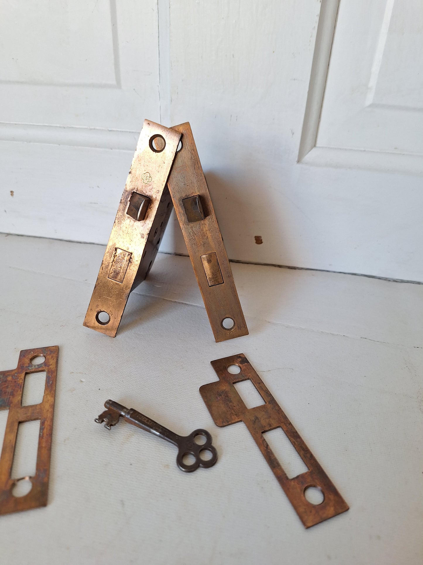 Two Antique Mortise Locks with Skeleton Key, Antique Keyed Door Lock, Antique Door Card with Working Key, Architecture Salvage 090512