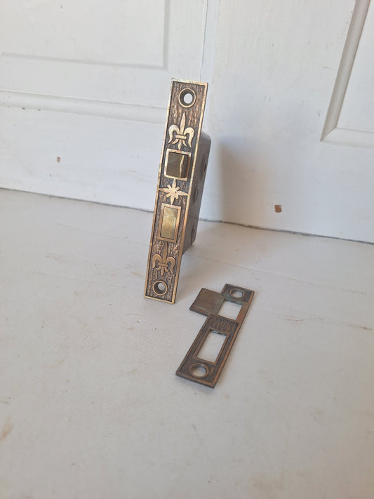 Ornate Bronze Mortise Lock Fancy Face Plate, Working Door Lock Eastlake Aesthetic Pattern 090514