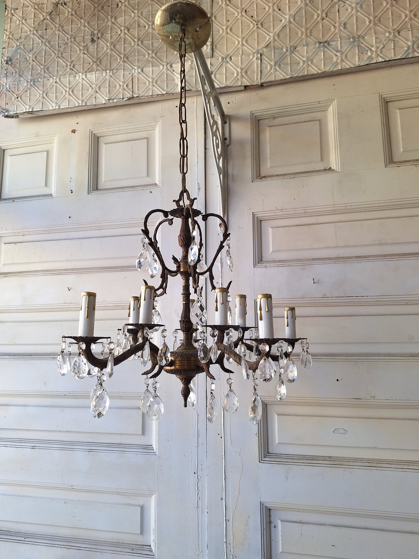 10 Candle Vintage Gold and Crystal Spanish Chandelier, Hollywood Regency Style, Crystal Ceiling Light