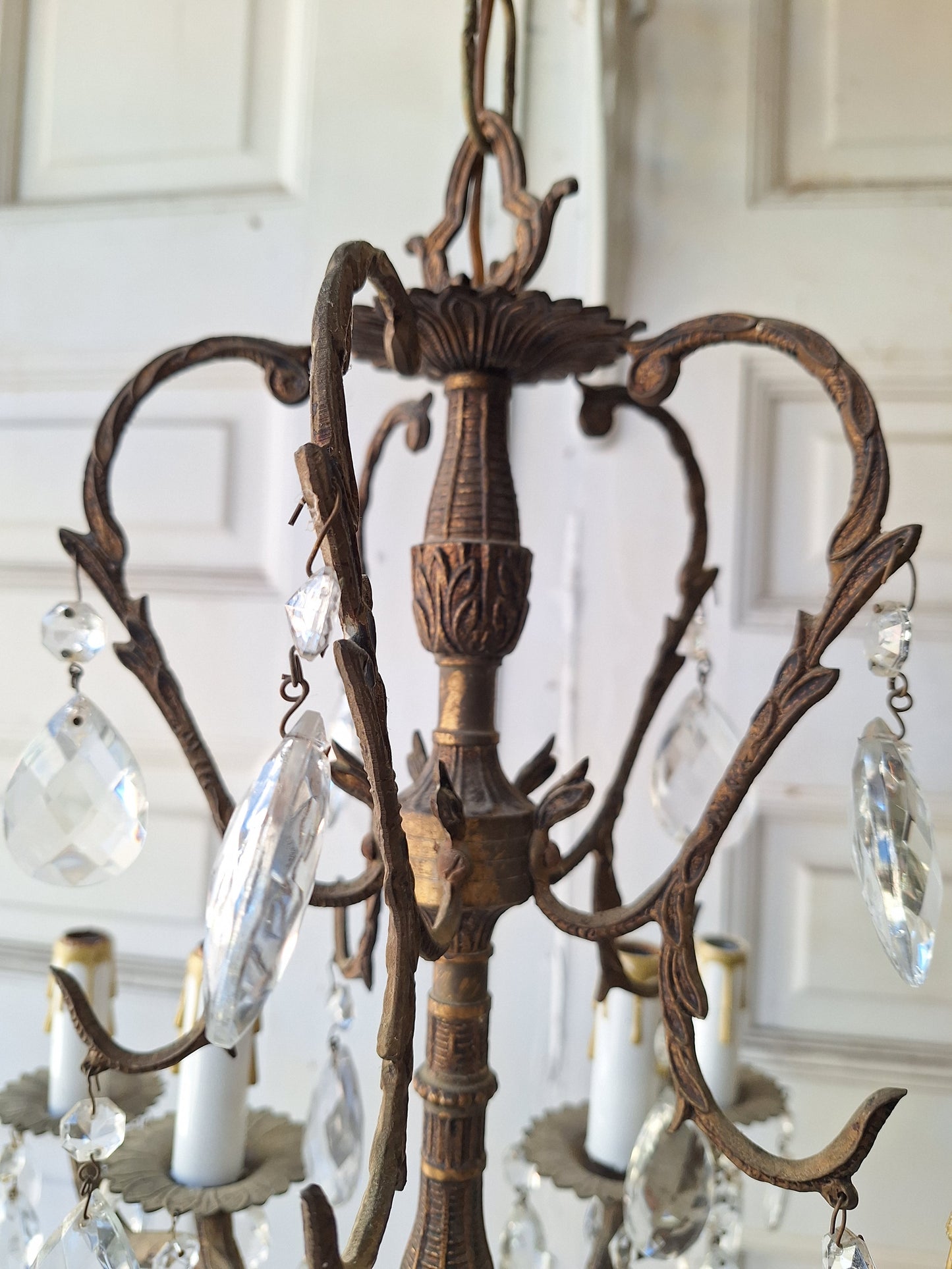 10 Candle Vintage Gold and Crystal Spanish Chandelier, Hollywood Regency Style, Crystal Ceiling Light