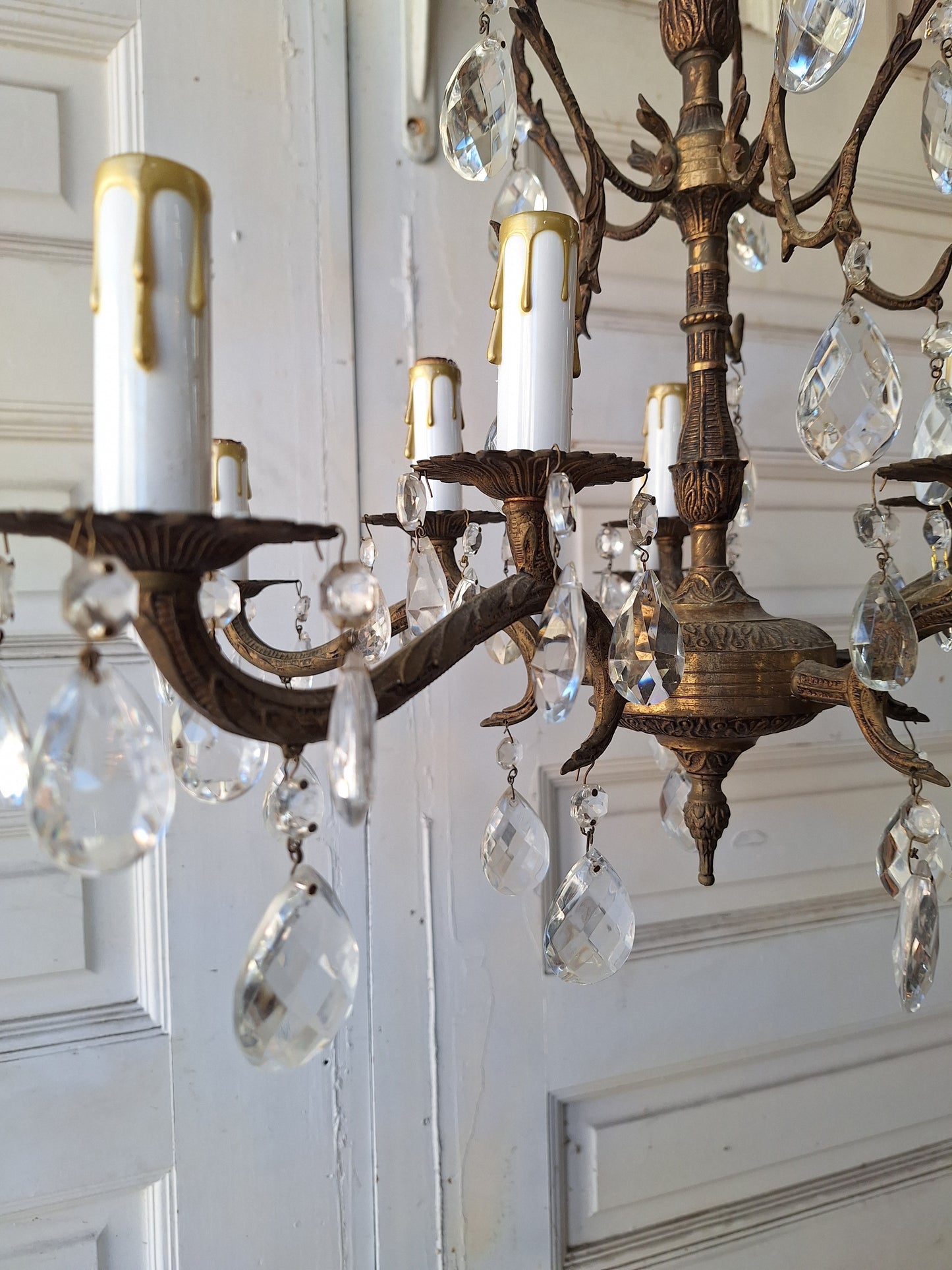 10 Candle Vintage Gold and Crystal Spanish Chandelier, Hollywood Regency Style, Crystal Ceiling Light