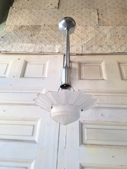 Star Design Molded Glass Shade Three Chain Art Deco Light, Semi Flush Antique Light Shade, Etched Glass Vintage Shade, Architectural Salvage